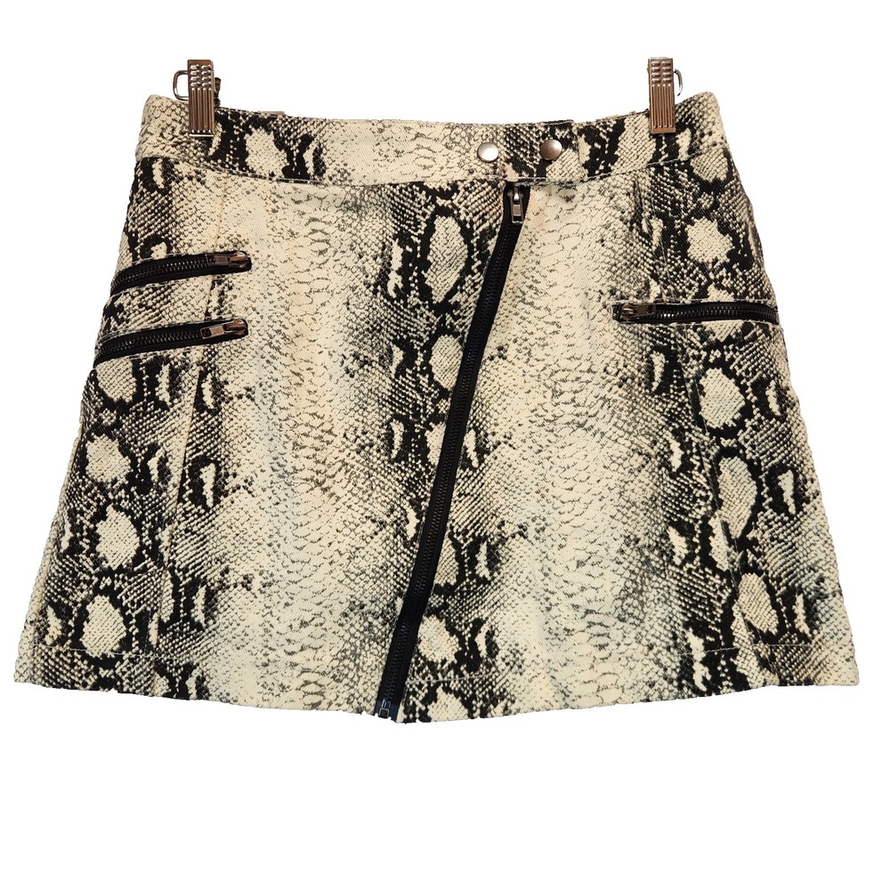 Princess Polly Womens Size 12 Alita Snakeskin Mini Moto Skirt A-line Cream Black